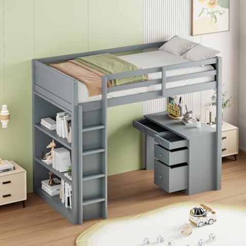 OKYION Hochbett 90 X 200 cm mit Aufbewahrungsschränken und Computertisch(Ohne Matratze), Grau
