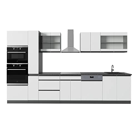 Vicco Küchenzeile R-Line, Weiß/Anthrazit, 350 cm J-Shape, mit Hochschrank, ohne Arbeitsplatte