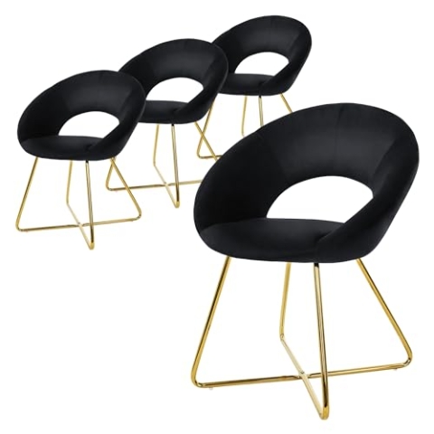 ML-Design Esszimmerstühle 4er Set Samt, Schwarz, Wohnzimmerstuhl mit runder Rückenlehne, Polsterstuhl mit goldene Metallbeine, Ergonomische Esstisch Sessel, Küchenstuhl Schalenstuhl Schminktisch Stuhl