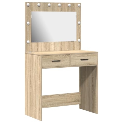 vidaXL Moderner Santa-Eichen-Schminktisch mit Spiegel, 2 Schubladen, stilvoller Make-up-Tisch für Schlafzimmer, geräumiges und schickes Design in Sonoma-Finish, Holz-Möbel, Aufbewahrung