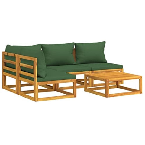 vidaXL Garten Lounge Set 5-TLG., Gartenmöbel Set mit Grünen Kissen, Sitzgruppe für Garten Terrasse, Modular Sofa Garnitur Loungemöbel, Massivholz