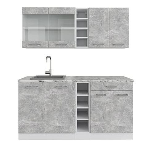 Vicco Singleküche R-Line, Küchenzeile Single, Beton/Weiß, 160 cm ohne Arbeitsplatte