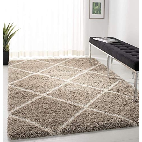 SAFAVIEH Zottelig Teppich für Wohnzimmer, Esszimmer, Schlafzimmer - Hudson Shag Collection, Hoher Flor, Beige und Elfenbein, 91 X 152 cm