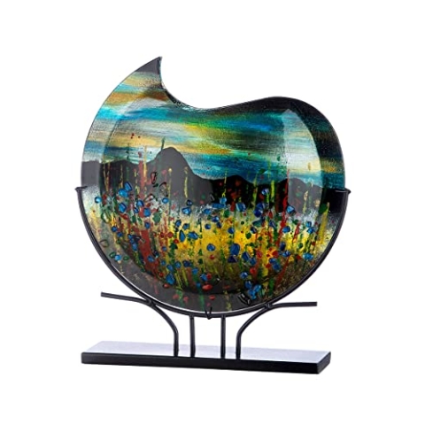 GILDE GLAS art Deko runde Vase XL auf schwarzem Metall Fuß - handbemalt mit Glaselementen - Kunstobjekt Mehrfarbig Höhe 47,5 cm