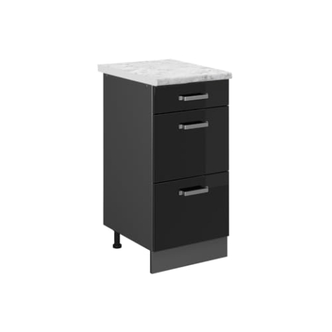 Vicco Küchenschrank R-Line, Schubladenschrank für die Küche, Schwarz Hochglanz, 40 cm AP Marmor