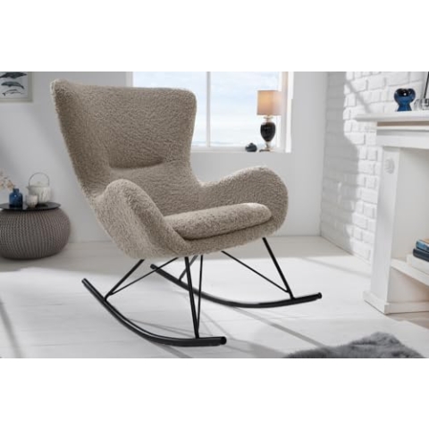 Riess Ambiente Design Schaukelstuhl Scandinavia Swing Champagner Greige Bouclé Schaukelsessel schwarz Metall