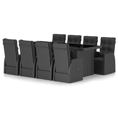 vidaXL Gartenmöbel 9-TLG. mit Auflagen Sitzgruppe Gartengarnitur Sitzgarnitur Gartenset Tisch Stühle Gartentisch Gartensessel Poly Rattan Schwarz