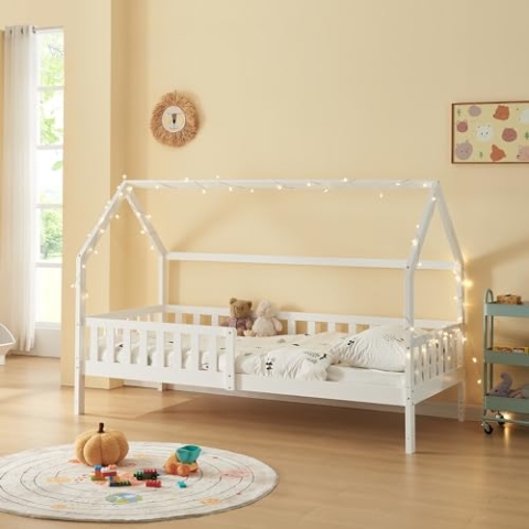 [en.casa] Kinderbett Ydre Hausbett Weiß 90 x 200 cm Holzbett mit Rausfallschutz und Lattenrost 2 Montagearten Bodenbett Hochbett mit Stauraum Jugendbett
