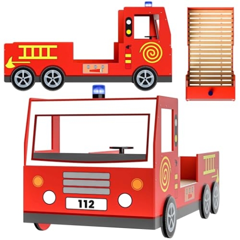 Casaria® Kinderbett 90x200cm mit Rausfallschutz Lattenrost 120kg belastbar 3D Leuchte Sirene Lenkrad Feuerwehr Bett Jugendbett Juniorbett Autobett Rot