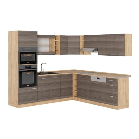 Vicco Eckküche R-Line, Edelgrau/Goldkraft Eiche, 237 x 247 cm, AP Eiche