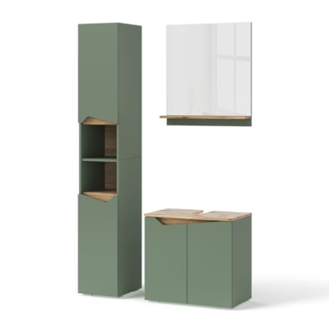Vicco Badmöbel-Set Marelle, Badezimmerschrank-Set, Grün/Artisan, 3 Teile, mit Hochschrank