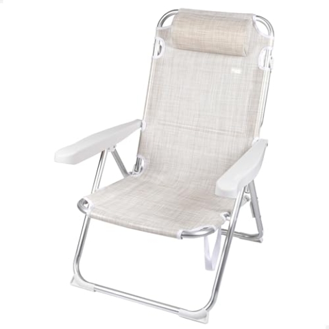 AKTIVE 62641 – Strandstuhl, faltbar, rutschfest, cremefarben, neigbar in 5 Positionen, robust und leicht, mit Tragegriff und Kissen, maximales Gewicht 110 kg, Maße 48 x 60 x 90 cm