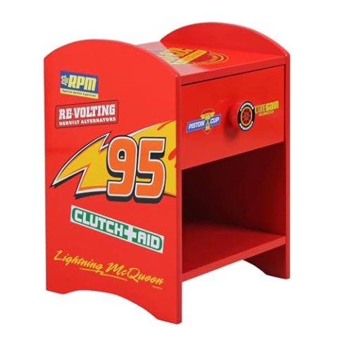 Disney Cars Lightning McQueen Nachttisch, stabile Holzwerkstoff-Konstruktion mit 2-stöckigem Design für reichlich Stauraum, kleiner Beistelltisch mit Schublade und Ablagefach für Kinderzimmer