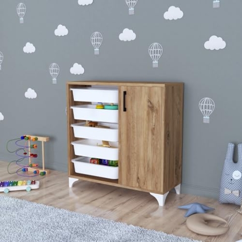 [en.casa] Beistellschrank Aurland Mehrzweckschrank Kommode mit 5 Ablagekörben Spielzeugschrank mit Aufbewahrungsboxen für Kinderzimmer Wohnzimmer 78,5x77x30cm Eiche