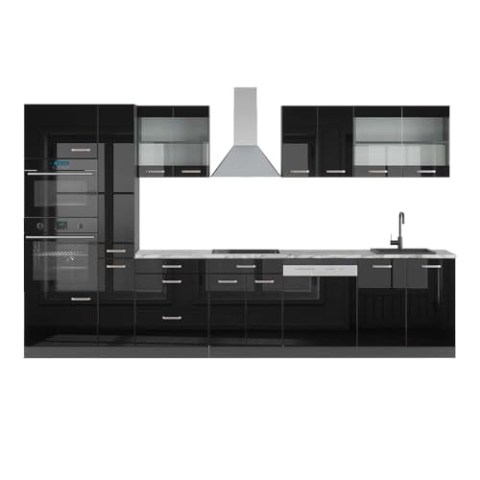 Vicco Küchenzeile R-Line, Schwarz Hochglanz/Anthrazit, 350 cm mit Hochschrank, AP Marmor