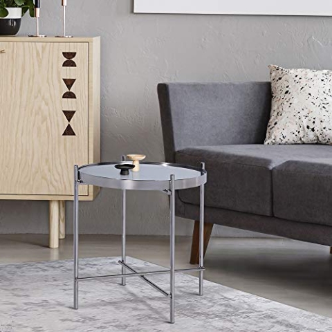 WOMO-DESIGN Beistelltisch Ø43x45 cm Unikat in Silber aus Metall und Glas, Design Wohnzimmertisch mit Glasplatte und Metallgestell, Runder Couchtisch, Moderner Glastisch, Edler Sofatisch, Lounge Tisch