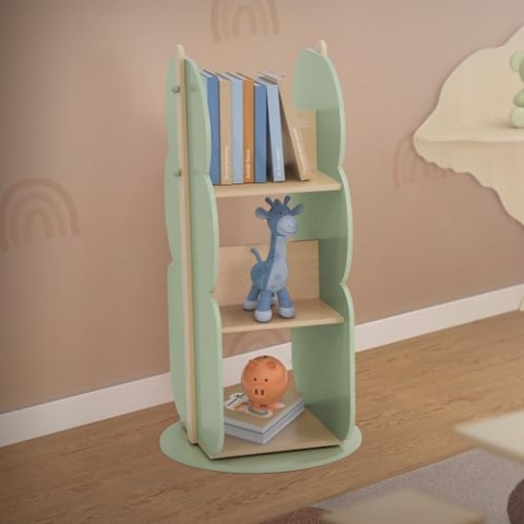 Joyz Bücherregal Kinder Baum-Form, Ø 48 x 96 cm, Grün-Natur, 2 Seitiges Kinderregal aus Holz mit 5 Regale, Kinderzimmerregal 360° drehbar, Aufbewahrungsregal für Kinder, Spielzeugregal Büchergestell