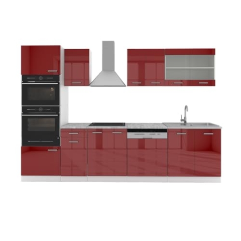 Vicco Küchenzeile R-Line, Bordeaux Hochglanz/Weiß, 300 cm mit Hochschrank, ohne Arbeitsplatte