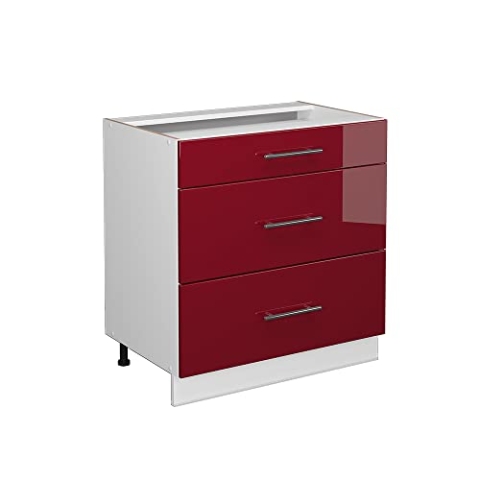 Vicco Küchenunterschrank Fame-Line, Bordeaux Hochglanz/Weiß, 80 cm mit 3 Schubladen, ohne Arbeitsplatte