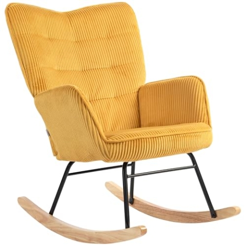 HOMCOM Schaukelstuhl, Schaukelsessel mit Kordoptik, Armlehne, Gepolsterter Sessel mit Holzkufen, Relaxsessel für Wohnzimmer, Schlafzimmer, bis 120kg belastbar, Gelb