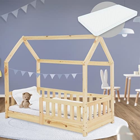ML-Design Kinderbett 70x140 cm Natur mit Matratze, Rausfallschutz, Dach und Lattenrost, Massivholz Spielbett, Hausbett für Mädchen/Jungen, Bettenhaus aus Kiefernholz, Jugendbett Kinderhaus Holzbett