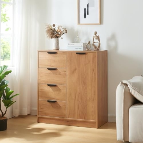[en.casa] Kommode Varkaus mit 4 Schubladen und Einer Tür Schrank Schlafzimmer Aufbewahrungsschrank 90 x 80 x 40 cm Flur Schubladenschrank Eichenoptik