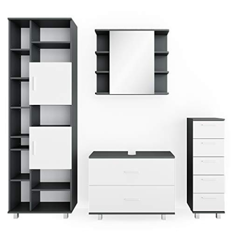 Vicco Badmöbel-Set Ilias, Badezimmerschrank-Set, Anthrazit/Weiß, 4 Teile, mit Hochschrank