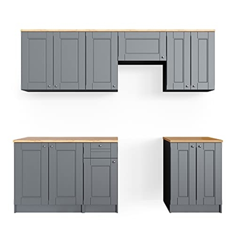 Vicco Küchenzeile Bergamo, Küchenblock, Grau, 240 cm, AP Goldkraft
