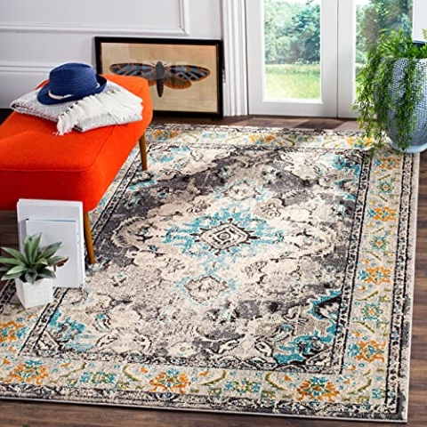 SAFAVIEH Boho Teppich für Wohnzimmer, Esszimmer, Schlafzimmer - Monaco Collection, Kurzer Flor, Grau und Hellblau, 155 X 231 cm