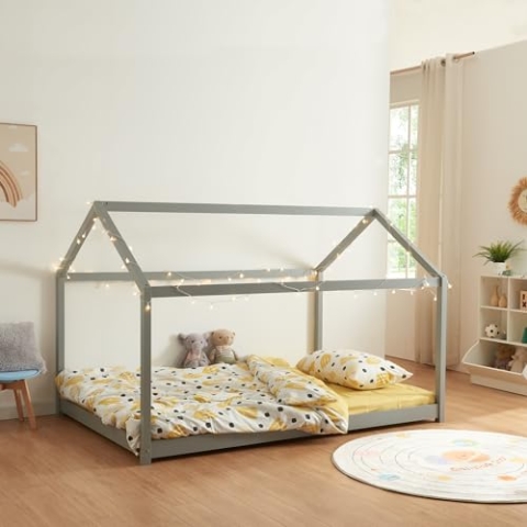 [en.casa] Kinderbett Cerro Hausbett Jugendbett Bett in Haus-Optik Montessori Bett aus massiver Kiefer Bettgestell mit Lattenrost Grau 120x200cm