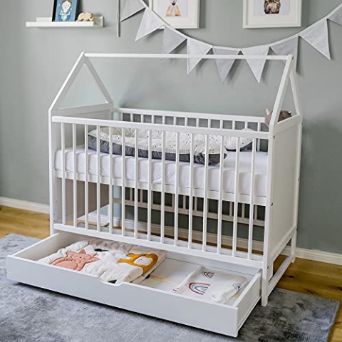 Babybett Beistellbett Kinderbett 60x120 cm mit Schublade Hausbett Baby Bett 120x60 cm weiß mit Schublade, höhenverstellbar und umbaubar für Junge Mädchen | von Geburt bis 3. Lebensjahr