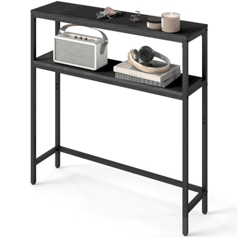 VASAGLE Konsolentisch, schmaler Sofatisch mit 2 Ablagen, 20 x 80 x 80 cm, Flurtisch, 2 Ebenen, für Flur, Wohnzimmer, Schlafzimmer, anthrazitgrau-tintenschwarz LNT130B22