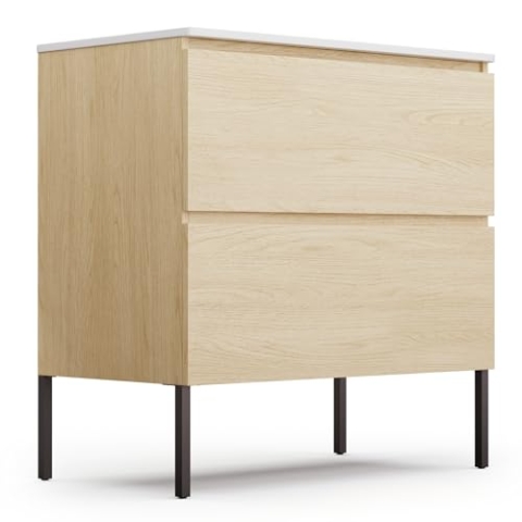 blumfeldt Johnstone Waschbecken mit Unterschrank – natürliches Holzfinish, Keramikbecken, Soft-Close, feuchtigkeitsbeständig, geräumige Schubladen, einfache Selbstmontage – inklusive Füßen