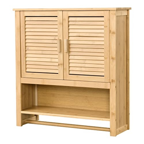 [en.casa] Badezimmerschrank Tyresö Bambus Hängeschrank Wandschrank mit Handtuchhalter Badschrank 3 Ablagen, 2 Türen stehend 66 x 62 x 20 cm