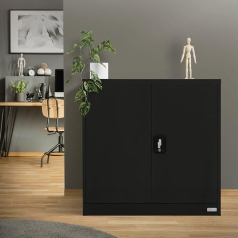 ML-Design Aktenschrank abschließbar, 90x40x90 cm Schwarz, Stahl, 2 höhenverstellbare Einlegeböden, Büroschrank mit 2 Türen, Metallschrank Stahlschrank Aufbewahrungsschrank Lagerschrank Materialschrank