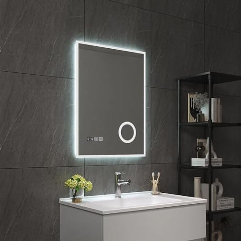 pro.tec LED Badspiegel Lizzano Wandspiegel mit Beleuchtung 3 Lichtfarben vertikal Schminkspiegel rechteckig 50 x 70 cm Weiß beschlagfrei Lichtspiegel
