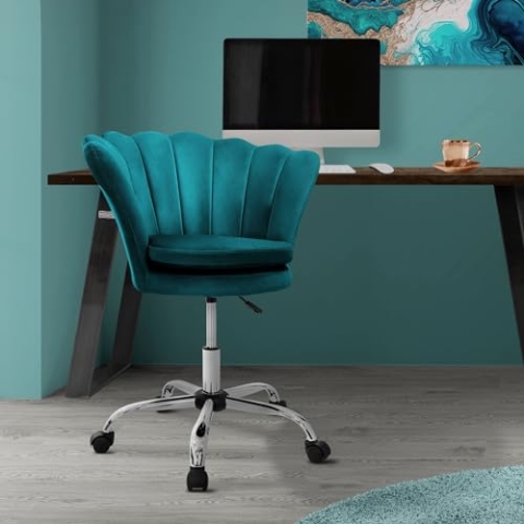 ML-Design Bürostuhl aus Samt, Petrol, Metallgestell, Polsterstuhl mit Rückenlehne, höhenverstellbar, 360° Drehstuhl mit 5 Rollen, Gepolsterter Muschel-Sessel, Ergonomischer Schreibtischstuhl für Büro