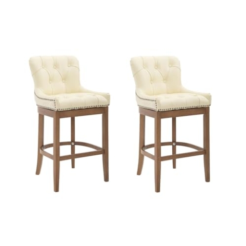 CLP 2er Set Barhocker Lakewood Mit Echtlederbezug I 2 x Tresenstuhl Mit Gestell Aus Kautschukholz Und Rückenlehne, Farbe:Creme, Gestell Farbe:antik-hell