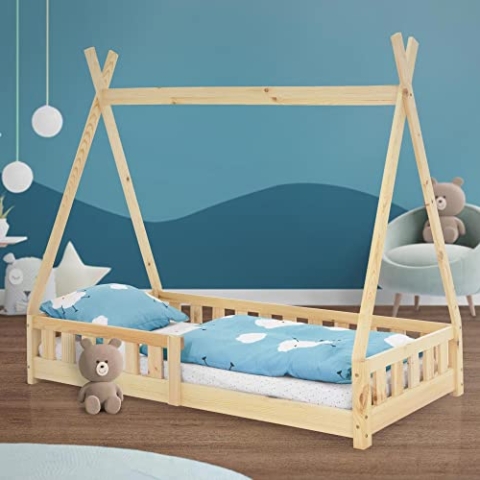 ML-Design Kinderbett Tipi 80x160 cm Natur mit Rausfallschutz und Lattenrost, aus Kiefernholz, Indianer Bett aus Massivholz für Mädchen & Jungen, Hausbett mit Zaun Kinderhaus Jugendbett Spielbett Zelt