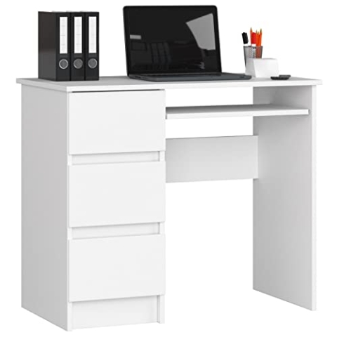 AKORD Schreibtisch A6 90 cm | 3 Schubladen Links | Schreibtisch | Bürotisch | Computertisch | Arbeitstisch | Laptoptisch | Bürmöbel | B90 x H77 x T50 cm | Gewicht 29,95 kg | Weiß/Weiß
