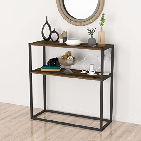[en.casa] Konsolentisch Hemsedal Couchtisch mit 2 Ablagen aus Metall und Spanplatte Aufbewahrungsregal 90 x 90 x 33,5 cm Flurtisch Eingangstisch in Industrie-Design Eiche, antik