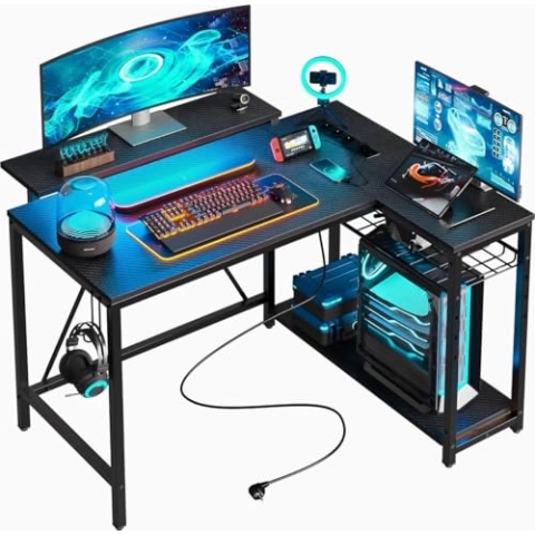 Five Stars® L-förmiger Gaming Schreibtisch - Computertisch - 107x80x76 cm - Gaming-Schreibtisch mit LED-Beleuchtung - Eckschreibtisch - Schwarz Carbon