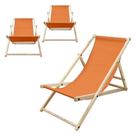 ECD Germany 3er Set Liegestuhl klappbar Orange aus Holz, verstellbare Rückenlehne, 3 Positionen, bis 120kg, Sonnenliege Gartenliege Strandliege Strandstuhl Holzklappstuhl, für Garten, Balkon & Strand