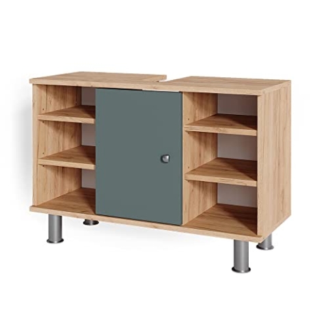 Vicco Waschbeckenunterschrank Fynn, Waschtischunterschrank, Grün/Goldkraft Eiche, 80 x 54 cm