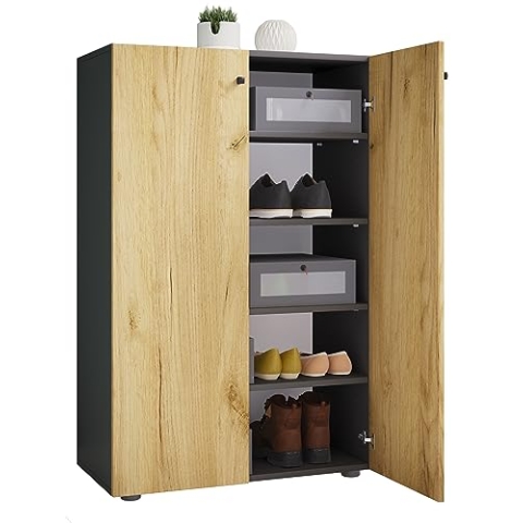 VCM Holz-Schuhschrank | Maße: H. 110 x B. 70 x T. 39 cm | Allzweckschrank | 5 Fächer | 2 Drehtüren– Lona Anthrazit/Honig-Eiche