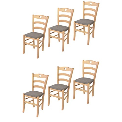 Tommychairs - 6er Set Stühle CUORE für Küche und Esszimmer, Robuste Struktur aus lackiertem Buchenholz im Farbton Naturfarben und gepolsterte Sitzfläche mit Stoff in der Farbe Rehbraun bezogen