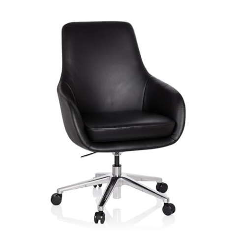 hjh OFFICE 600980 Lounge Sessel BARENO Echt Leder Schwarz hochwertiger Drehsessel bequem gepolstert
