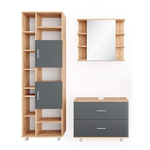 Vicco Badmöbel-Set Ilias, Goldkraft Eiche/Anthrazit, 3 Teile, mit Hochschrank
