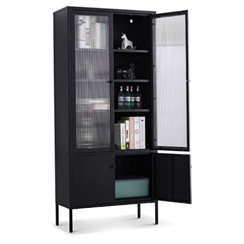 Coemo Glasvitrine - Vitrine Tokio Schrank Modern für Küche, Flur und Wohnzimmer Möbel zur Aufbewahrung - Metall Vitrinenschrank in Schwarz Regal mit Türen und Einlegeböden - Hochschrank für Bücher