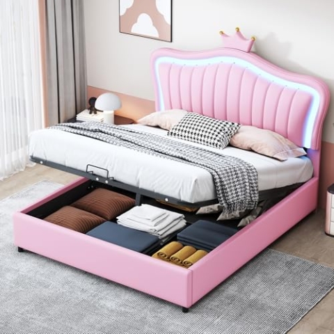 OKYION Kinderbett Polsterbett 140×200 cm mit LED-Licht, Jugendbett Doppelbett mit Verstellbares Kopfteil in Kronenform(Ohne Matratze), Boxspringbett Hydraulisches mit Bettkasten Stauraum, PU Rosa